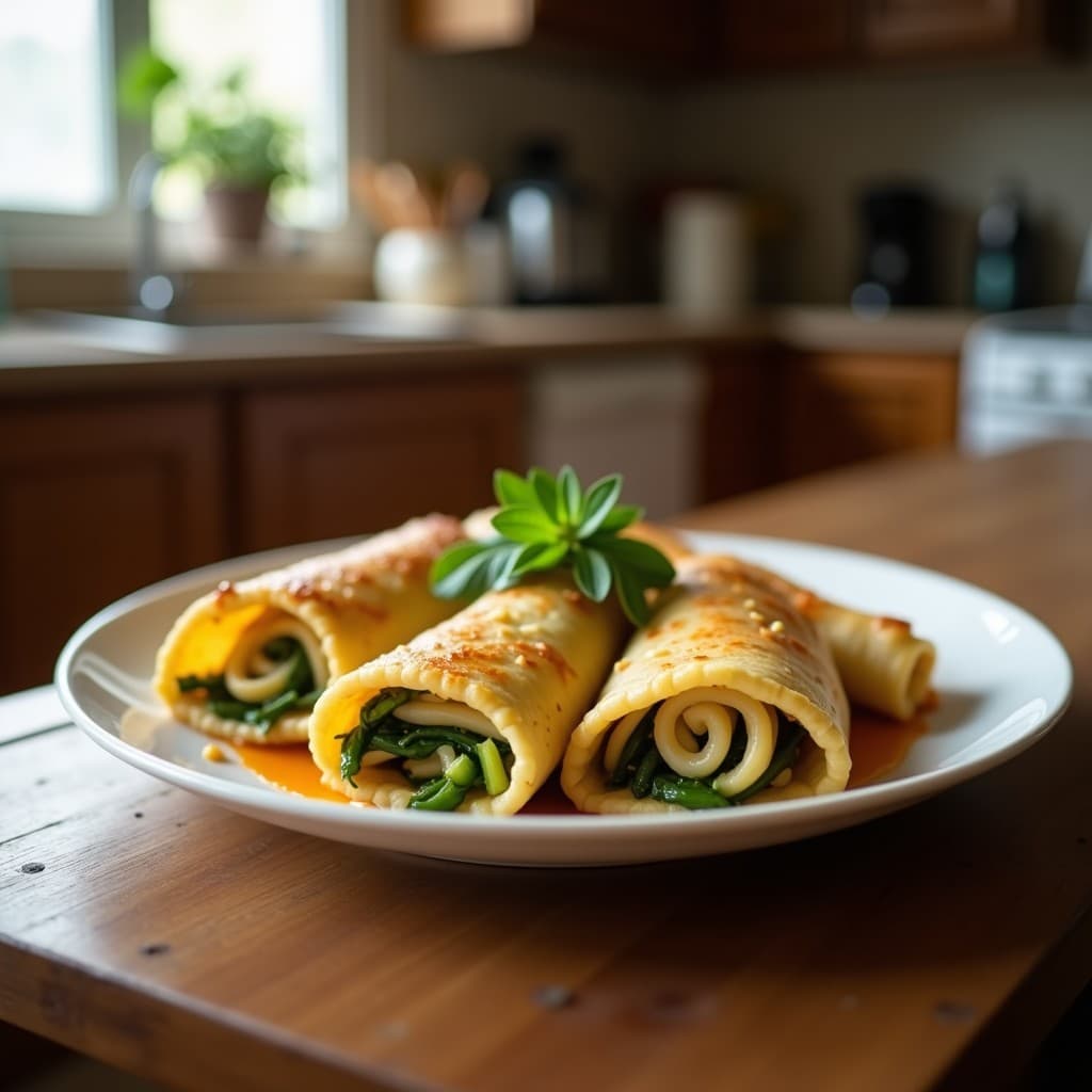 Rollitos de primavera crudiveganos con papel de arroz transparente, rellenos de coliflor rallada, zanahoria morada en juliana y germinados, decorados con semillas de sésamo negro y acompañados de salsa de tamari. Plato fresco y colorido sobre fondo de madera clara.