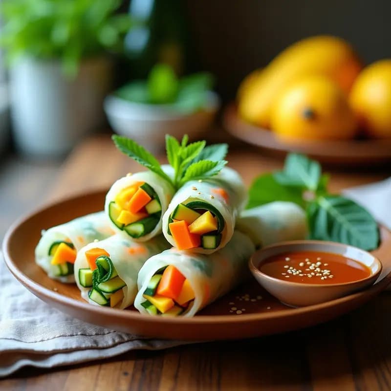 Plato blanco con rollitos de primavera crudiveganos cortados por la mitad, rellenos de zucchini, mango, zanahoria y hierbas frescas, acompañados de una salsa oscura en un bol pequeño. Receta vietnamita sin cocinar sobre fondo de madera clara.
