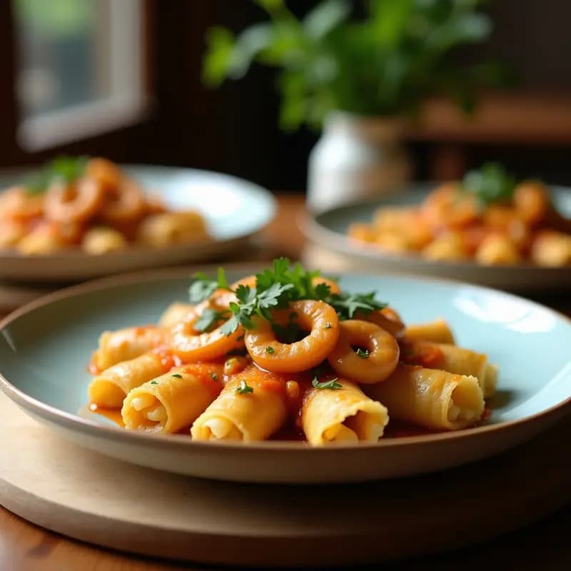Plato blanco con rollitos de primavera vietnamitas con gambas cortados por la mitad, mostrando su relleno de gambas rosadas, fideos de arroz, zanahoria naranja, pepino verde y hierbas frescas. Acompañados de dos salsas en cuencos pequeños: una salsa nuoc cham transparente y otra cremosa de cacahuete. Fondos de hojas de menta y lima cortada.