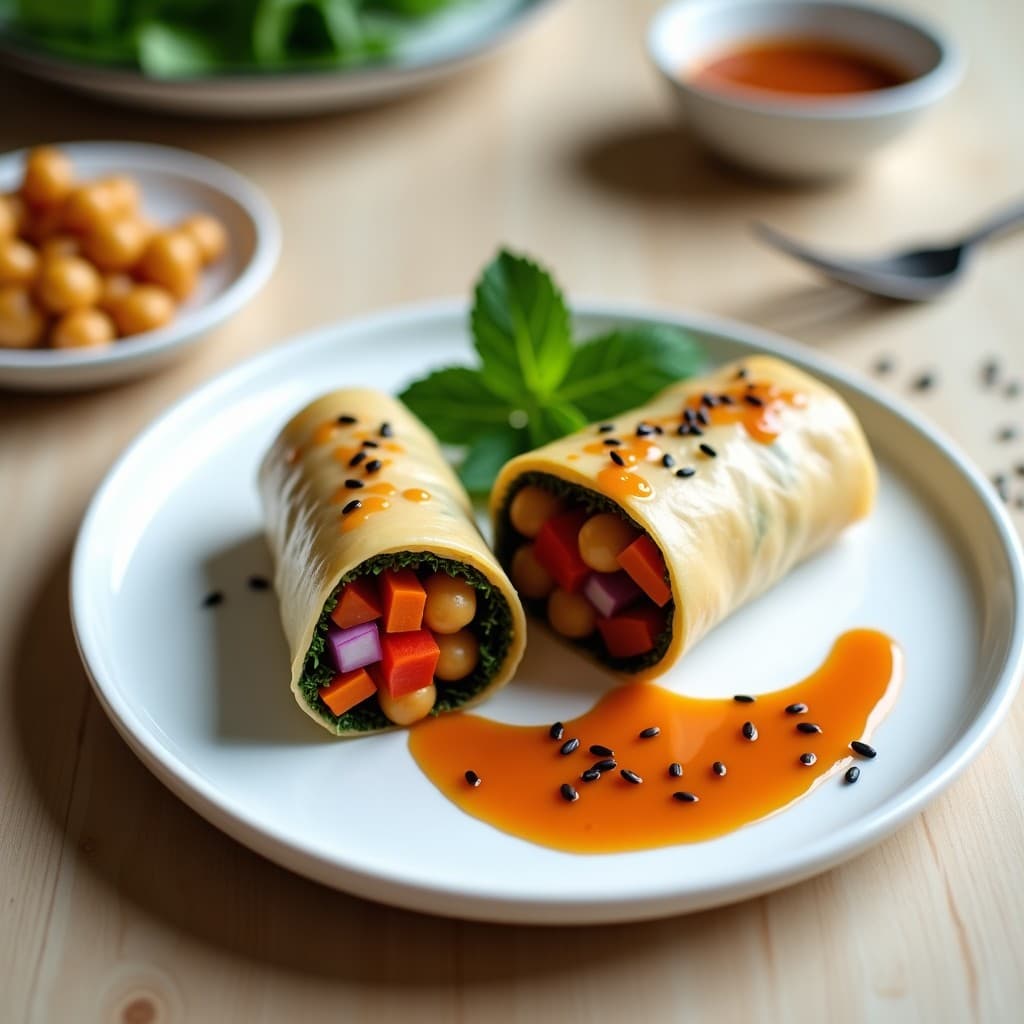Rollitos de primavera fusion garbanzos y algas wakame con salsa de tamarindo en Thermomix, cortados por la mitad sobre un plato blanco con semillas de sésamo y hierbas frescas, acompañados de un bol de salsa oscura y brillante.
