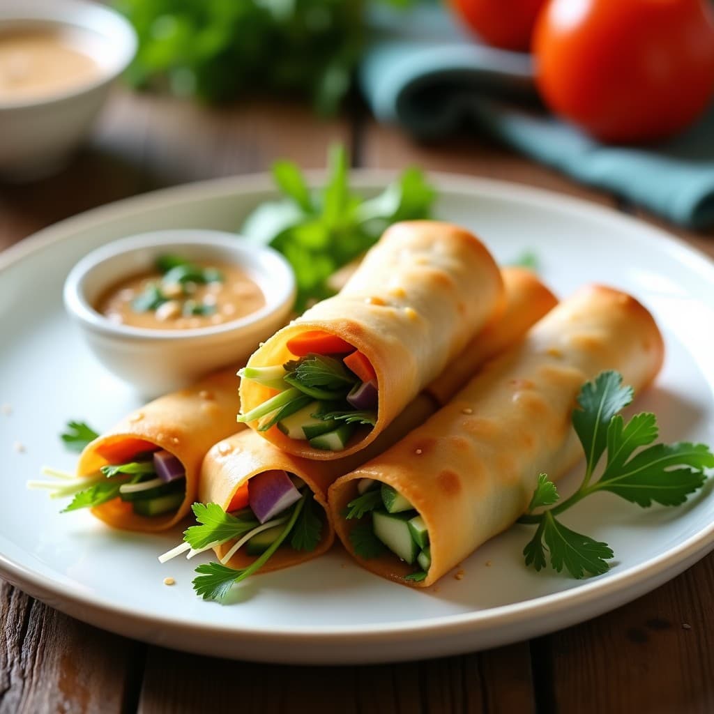 Plato blanco con rollitos de primavera vietnamitas rellenos de garbanzos verdes tostados, zanahoria, pepino y hierbas frescas, acompañados de salsa de cacahuete cremosa y semillas de sésamo espolvoreadas.