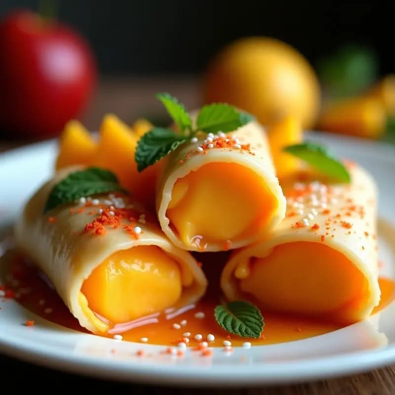 Rollitos de primavera dorados y crujientes rellenos de helado de mango y chili, decorados con semillas de sésamo, láminas de mango y hojas de menta, sobre un plato blanco con fondo oscuro para resaltar los colores vibrantes del postre.