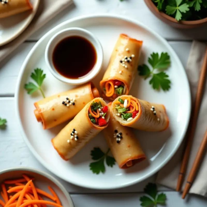 Rollitos de primavera low-carb dorados y crujientes con envoltura de huevo, rellenos de zanahoria, pimiento rojo y brotes de soja salteados, espolvoreados con semillas de sésamo sobre un plato blanco.