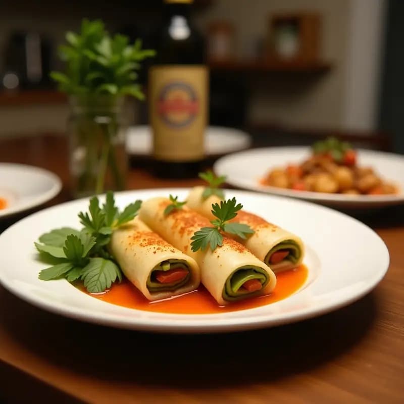 Rollitos de primavera vietnamitos keto con envoltura de lechuga romana, rellenos de pollo, gambas, pepino, zanahoria y hierbas frescas, servidos con salsa de cacahuete y semillas de sésamo.