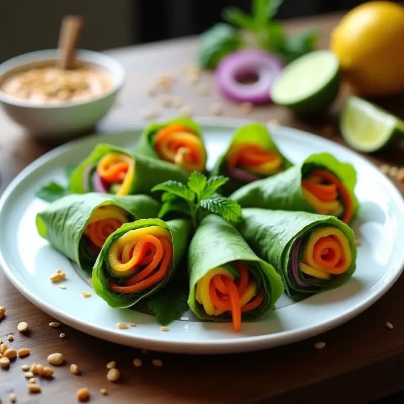 Plato blanco con rollitos de primavera de mangold y mango cortados en diagonal, mostrando capas de zanahoria naranja, pepino verde, mango amarillo y cebolla morada. Acompañados de salsa de cacahuete cremosa en un bol pequeño, decorados con semillas de sésamo y hojas de menta. Receta tailandesa sin gluten, aperitivo viral para redes sociales.