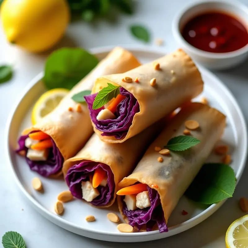 Plato blanco rectangular con rollitos de primavera de mangostán y lechuga morada cortados por la mitad, mostrando el relleno colorido de zanahoria naranja, pepino verde, cebolla morada y trozos de mangostán blanco. Acompañados de salsa de tamarindo en cuenco pequeño y espolvoreados con cacahuetes y semillas de sésamo. Fondos borrosos con hojas de menta.