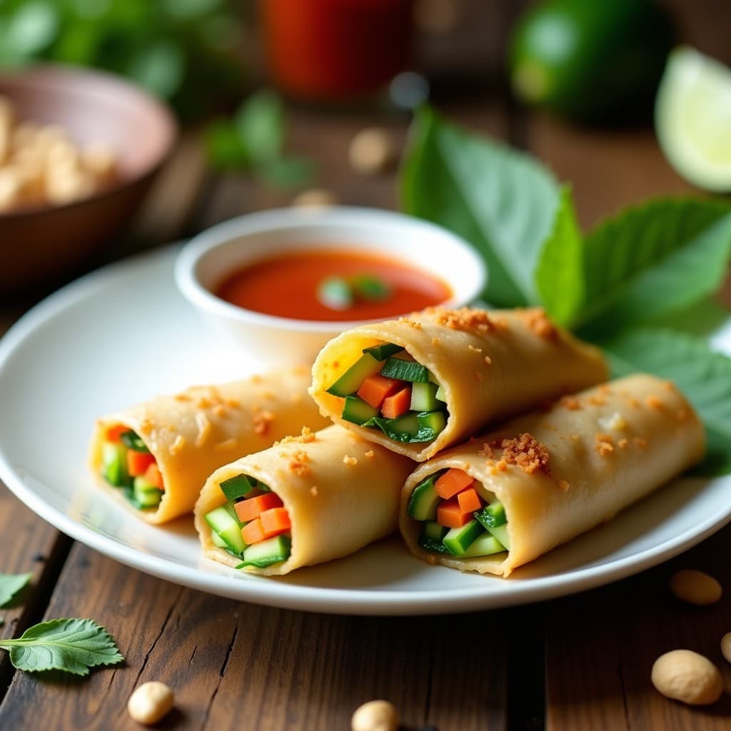 Rollitos de primavera dorados y crujientes rellenos de papaya verde, zanahoria, pepino y cacahuetes, servidos en un plato blanco con salsa de soja y limón al lado. Receta vegana en airfryer.