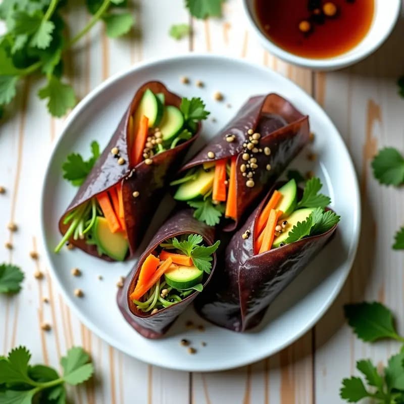 Rollitos de primavera crudiveganos con papel de arroz integral rellenos de polen de colmenas dorado, zanahoria morada, pepino, aguacate y brotes de alfalfa, servidos en plato blanco con salsa de tamari y semillas de sésamo negro.
