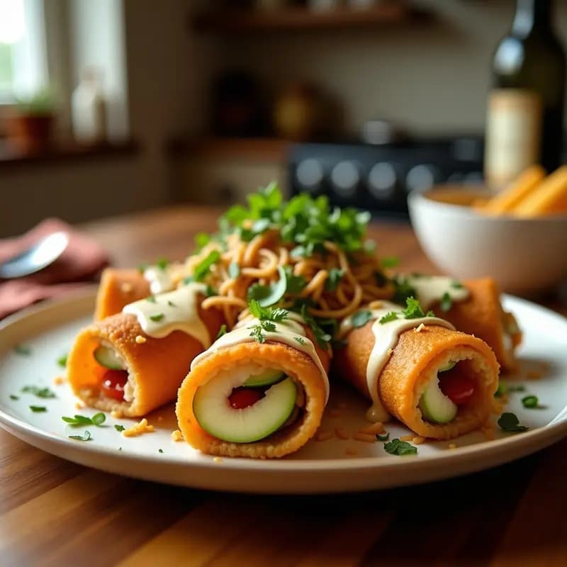 Rollitos de primavera dorados y crujientes con relleno de pollo teriyaki y queso cream cheese fundido, servidos en un plato blanco con salsa teriyaki y semillas de sésamo espolvoreadas. Receta fusion Japo-China de rollitos de primavera fritos.