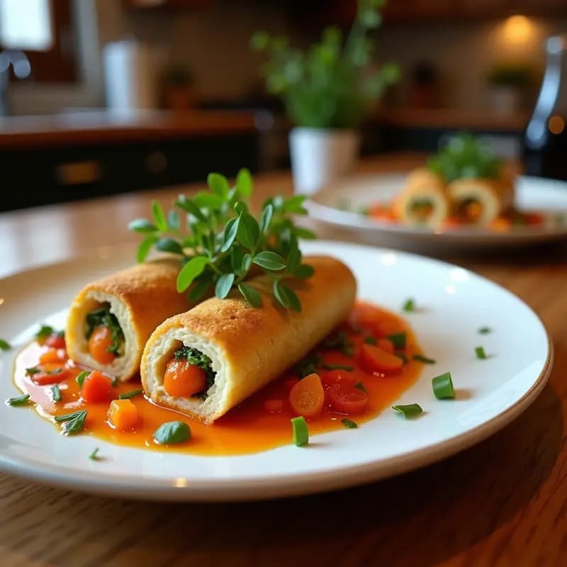 Rollitos de lechuza frescos rellenos de juliana de berenjena, calabacín y pimiento asado, acompañados de salsa de cacahuete espolvoreada con semillas de sésamo negro. Plato de arrollados de Primavera con Toque Thai sobre fondo de madera rústica.