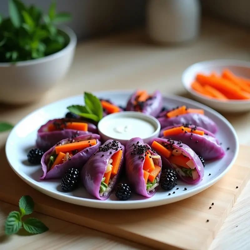 Rollitos de primavera veganizados con repollo morado y zarzamoras cortados por la mitad, mostrando su relleno colorido de zanahoria, pimiento, tofu ahumado y zarzamoras frescas, servidos en plato blanco con salsa de miso y jengibre, decorados con semillas de sésamo negro y hojas de menta.