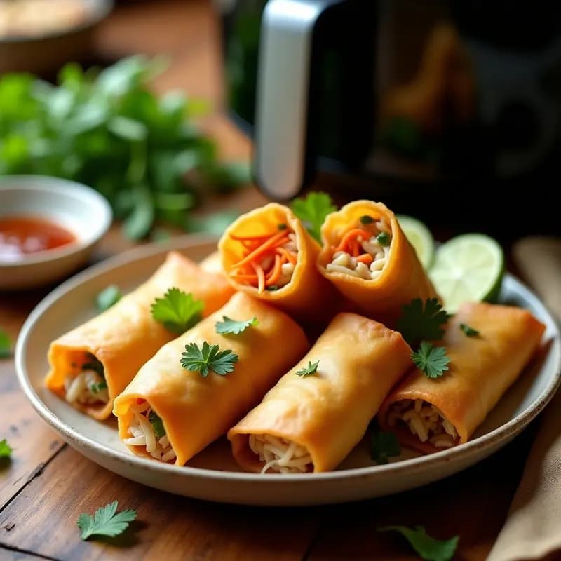 Rollitos de primavera Thia dorados y crujientes en airfryer, rellenos de pollo, fideos de arroz, zanahoria y hierbas frescas, servidos en un plato blanco con salsa de acompañamiento y hojas de menta.