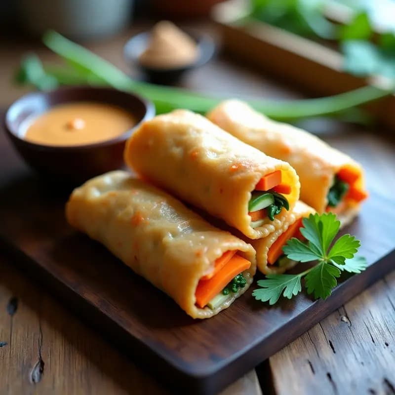 Rollitos de primavera tailandeses dorados y crujientes en airfryer, rellenos de tofu marinado, zanahoria, pepino y hojas de limón kaffir, servidos con salsa de cacahuete y decorados con hierbas frescas.