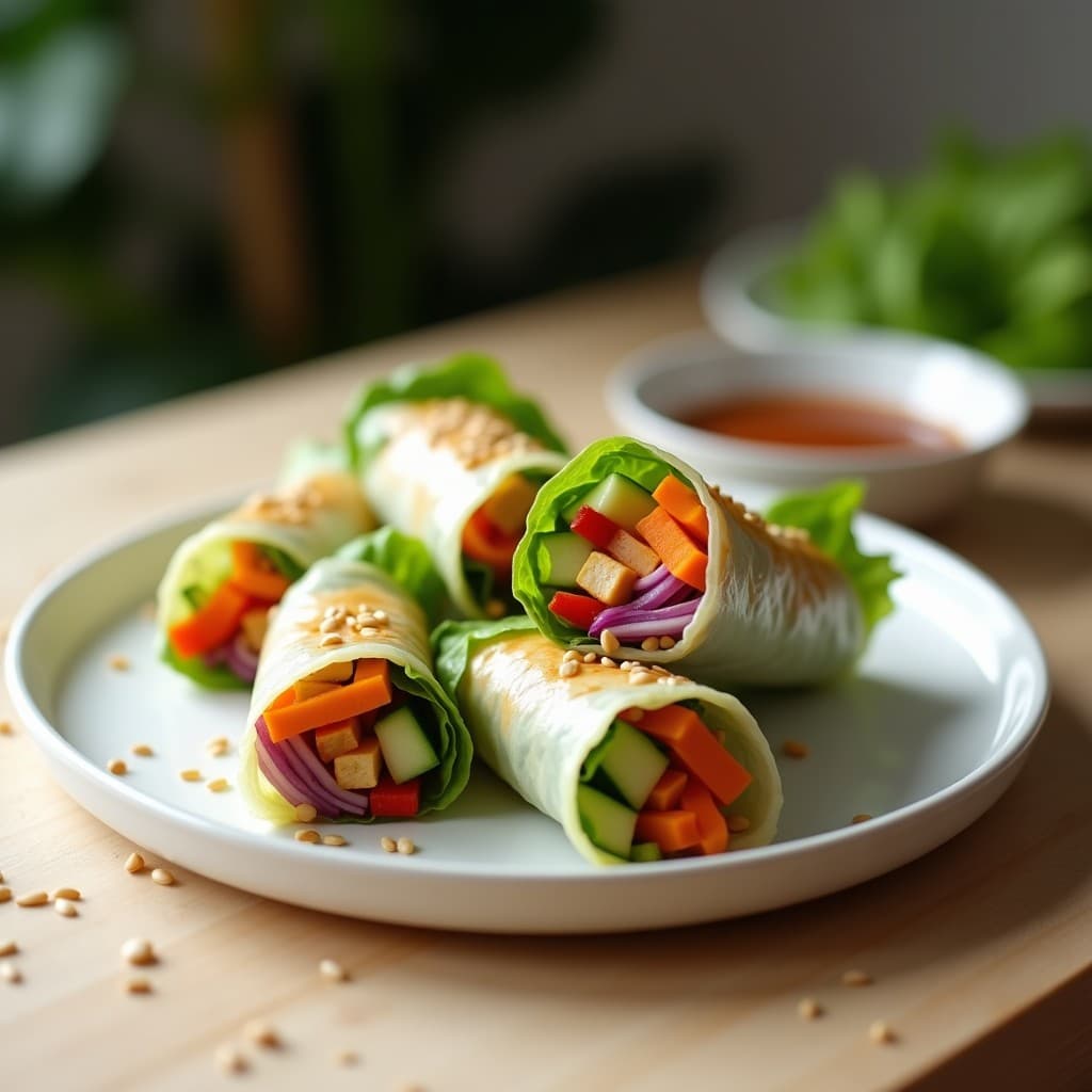 Plato blanco con rollitos de primavera veganizados cortados por la mitad, mostrando su relleno de tofu dorado en salsa teriyaki, zanahoria, pepino y pimiento rojo sobre hojas de lechuga, espolvoreados con semillas de sésamo y acompañados de salsa teriyaki en un bol pequeño.