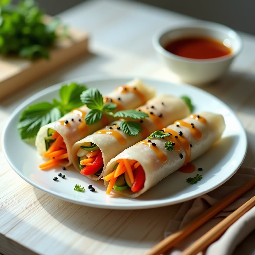 Plato blanco con rollitos de primavera veganos al vapor, rellenos de tofu marinado en teriyaki, zucchini, pimiento rojo y zanahoria, servidos con salsa teriyaki brillante y semillas de sésamo negro espolvoreadas. Fondos de hojas de menta y cilantro fresco sobre una mesa de madera clara.