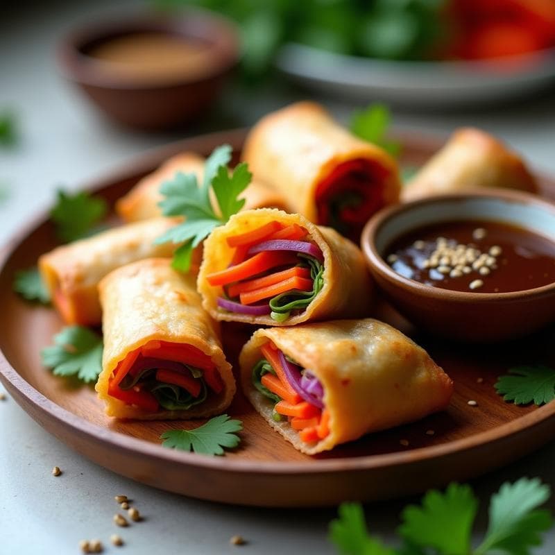 Rollitos de primavera veganos dorados y crujientes con fideos de arroz, servidos en una bandeja de madera con salsa hoisin casera y decorados con semillas de sésamo y cilantro fresco.