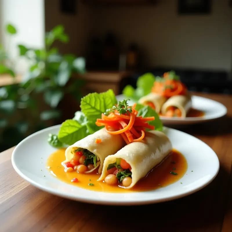 Rollitos de primavera veganizados con leche de coco y verduras, servidos en bandeja de madera con salsa cremosa de coco y cilantro, espolvoreados con cacahuetes triturados.