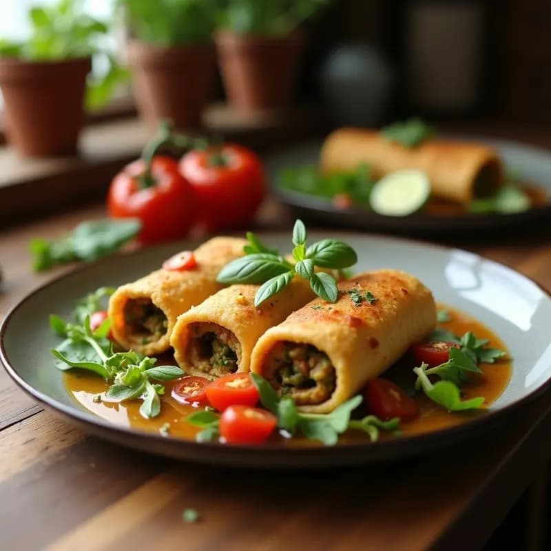 Rollitos de primavera veganos con repollo morado y zanahoria, dorados y crujientes, servidos en una bandeja de madera con semillas de sésamo y salsa tamari al lado. Receta china ligera y saludable.
