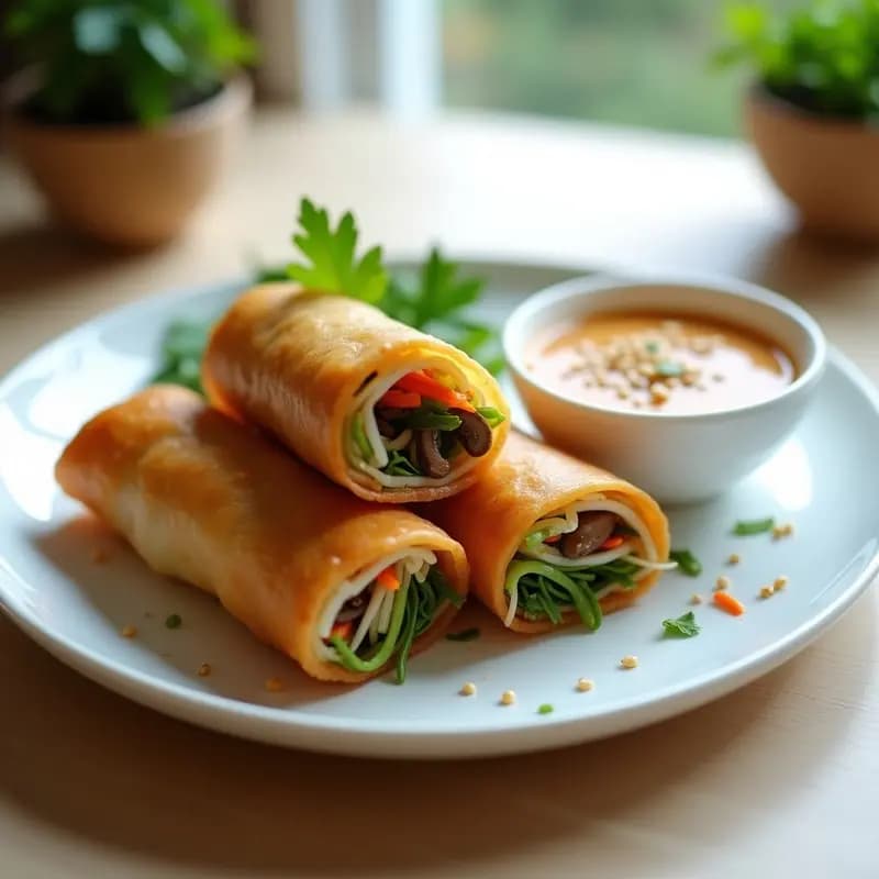 Rollitos de primavera vegetarianos dorados y crujientes en una fuente de madera, acompañados de un bol pequeño con salsa de cacahuate cremosa y decorados con almendras fileteadas y cebolla verde. Plato típico chino adaptado para airfryer.