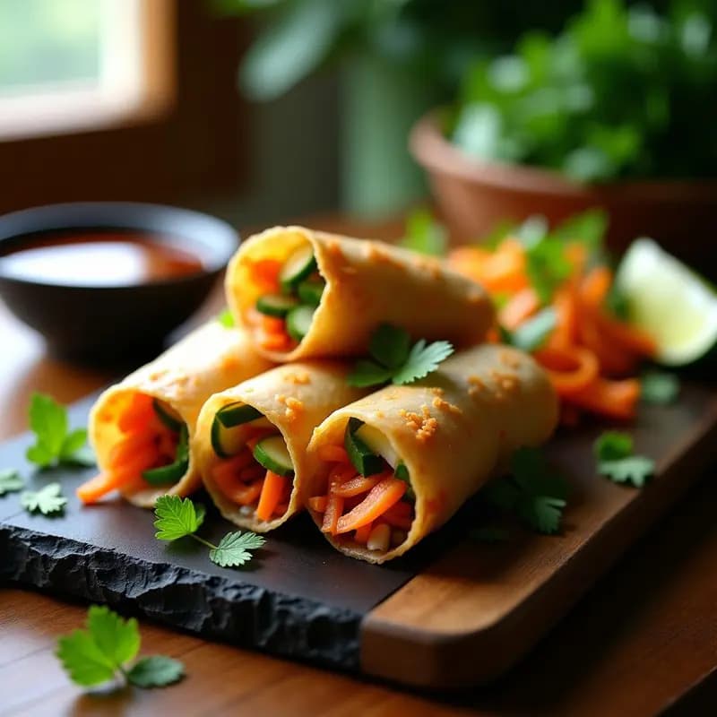 Rollitos de primavera vietnamitas dorados y crujientes en papel de arroz, rellenos de cerdo marinado, verduras frescas y hierbas aromáticas, servidos con salsa hoisin oscura. Plato colorido sobre fondo de madera rústica.