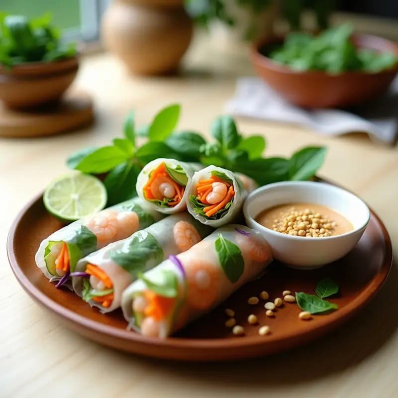 Rollitos de primavera vietnamitas con gambas y hierba buena servidos en un plato de cerámica blanca, acompañados de salsa para mojar y hojas de menta fresca. Receta fresca y sin freír.