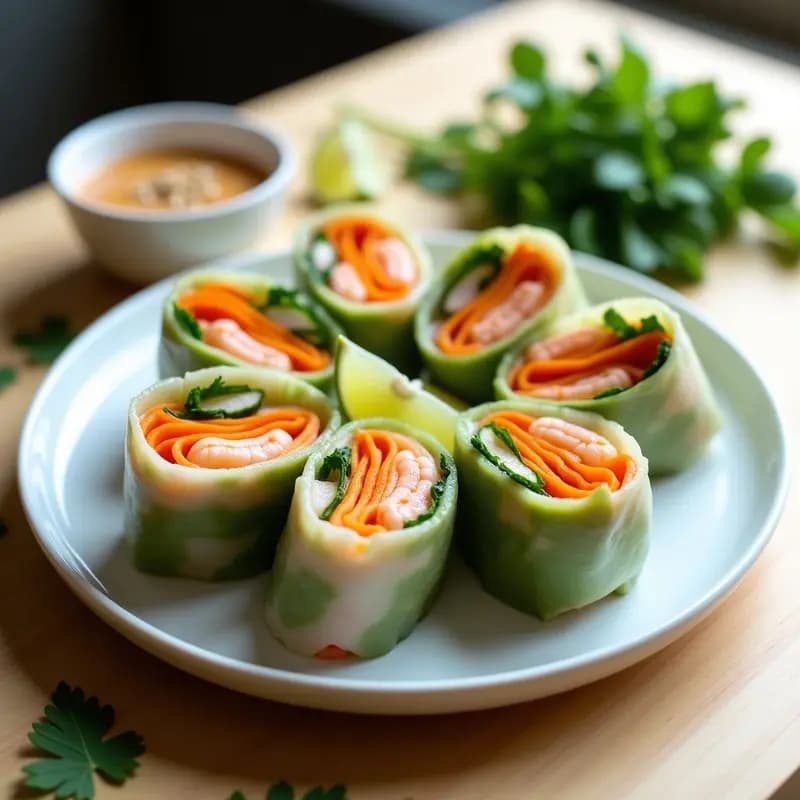 Plato blanco con rollitos de primavera vietnamitas cortados por la mitad, rellenos de camarones rosados, zanahoria naranja, pepino verde y hierbas frescas, acompañados de salsa peanut cremosa con semillas de sésamo. Receta fresca y crujiente con camarones.