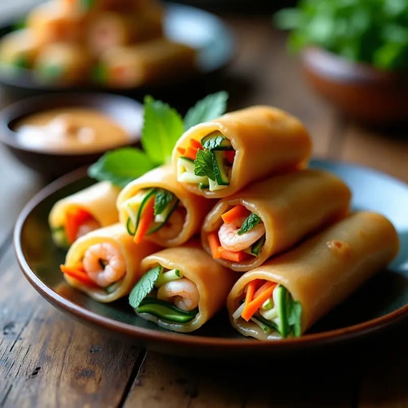 Rollitos de primavera vietnamitas crujientes rellenos de fideos de arroz, gamberas rosadas, zanahoria naranja, pepino verde y hierbas frescas, servidos en una bandeja de bambú con salsa de cacahuete al lado.