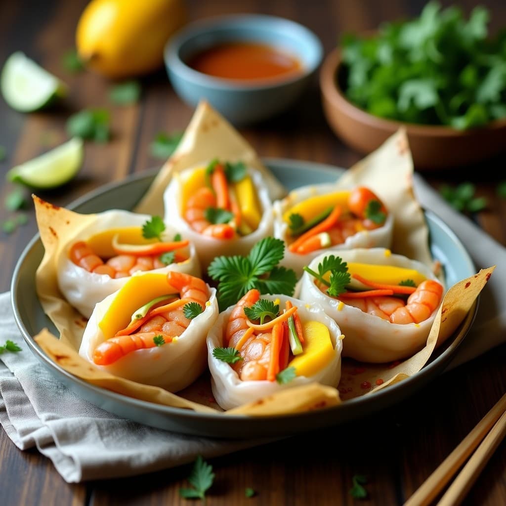 Rollitos de primavera vietnamitas con gambas y mango en papillote al horno, dorados y crujientes, servidos sobre papel de horno abierto con semillas de sésamo y hierbas frescas.