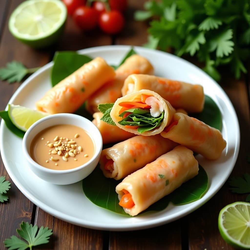 Rollitos de primavera vietnamitas dorados y crujientes en airfryer, rellenos de langostinos, zanahoria, pepino y hierbas frescas, servidos con salsa de cacahuete cremosa y decorados con hojas de menta y rodajas de lima.