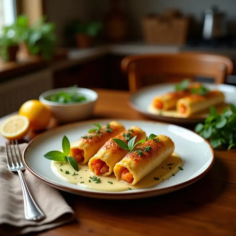 Rollitos de primavera chinos bajos en calorías, rellenos de zucchini en tiras y camarones salteados, envueltos en papel de arroz translúcido. Acompañados de hojas de cilantro y salsa de soja, sobre un plato blanco con fondo de madera rústica.