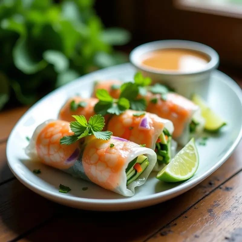 Rollitos de primavera vietnamita con zucchini en juliana y gambas marinadas, servidos en plato blanco con salsa de cacahuete y lima, decorados con hojas de cilantro y rodajas de lima.