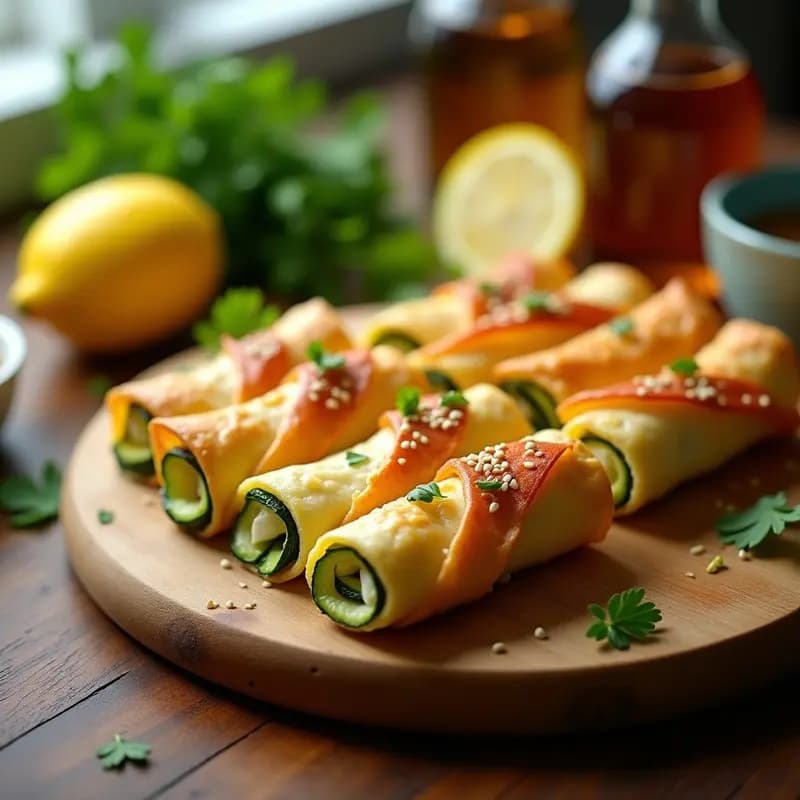 Rollitos de primavera dorados y crujientes de zucchini y queso feta en airfryer, servidos en una tabla de madera con semillas de sésamo y miel, receta ligera y sin fritura.