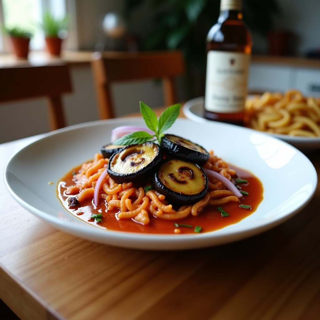 Rollitos de pringá vegana en plato de barro rústico, con berenjena y champiñones portobello, empanizados y dorados, acompañados de perejil fresco y salsa de yogur vegano sobre fondo de madera oscura.
