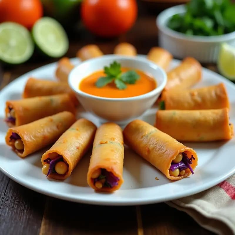 Rollitos de pringá vegana dorados y crujientes, rellenos de jackfruit y garbanzos, servidos sobre un plato blanco con salsa de mango y habanero de color naranja intenso. Acompañados de hojas de cilantro fresco y rodajas de lima, con un fondo rústico de madera oscura que resalta los colores vibrantes de este plato cubano vegano.