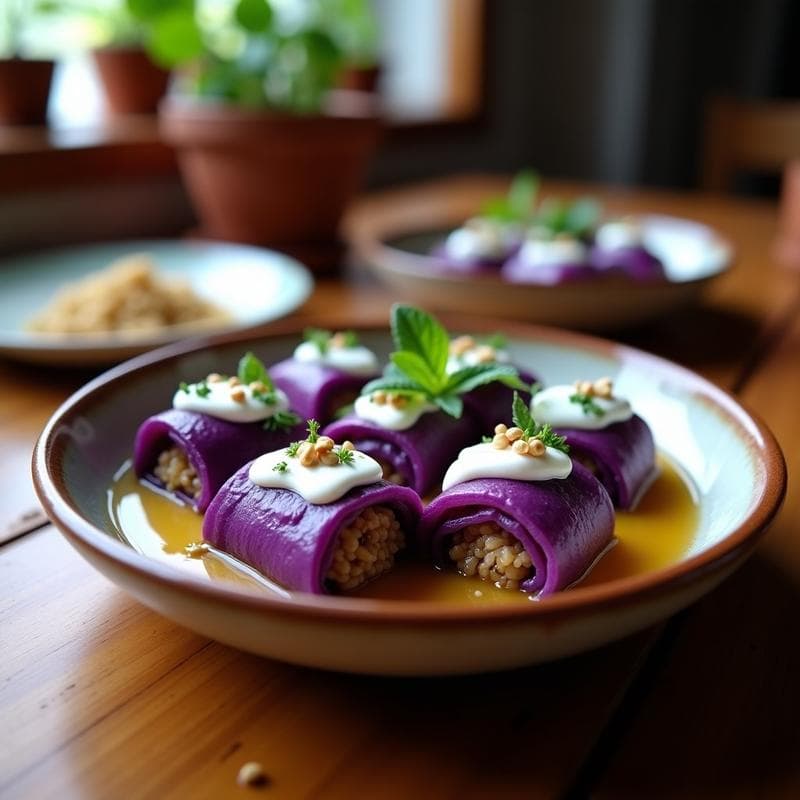 Plato blanco con rollitos de repollo morado rellenos de cordero y arroz basmati, bañados en su jugo de cocción dorado, acompañados de salsa de yogur y menta en un bol pequeño. Decorados con almendras fileteadas y hojas de menta fresca, sobre un mantel de lino con tonos terreos. Receta iraní de rollitos de repollo morado con cordero y salsa de yogur.