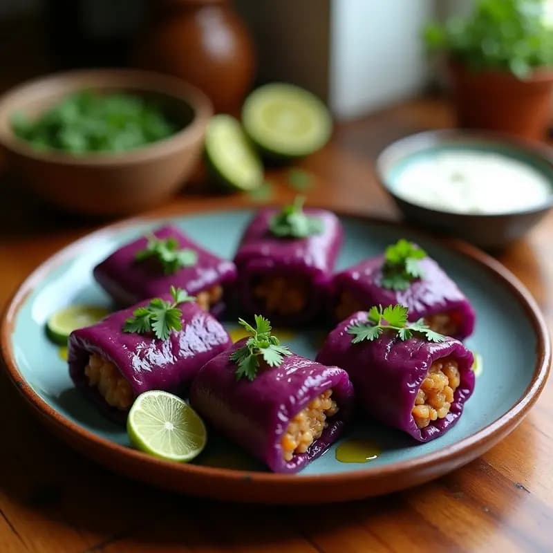 Plato de rollitos de repollo fermentado rellenos de salchicha y arroz, servidos en fuente de cerámica blanca, receta colombiana probiótica en olla express.
