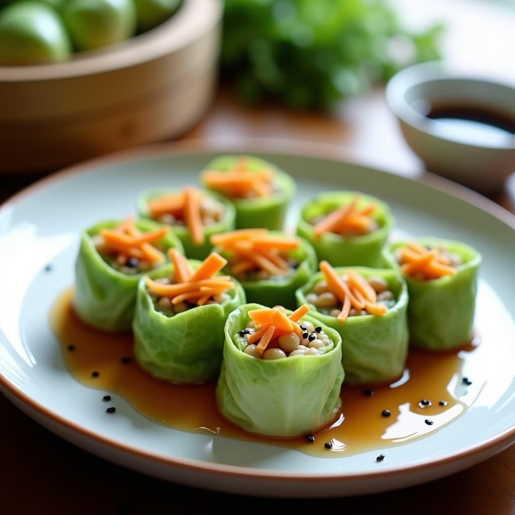 Rollitos de repollo china verdes rellenos de garbanzos y zanahoria, cocinados al vapor, servidos en un plato de cerámica blanca con semillas de sésamo negro espolvoreadas y salsa de soja al lado. Receta coreana vegana saludable.
