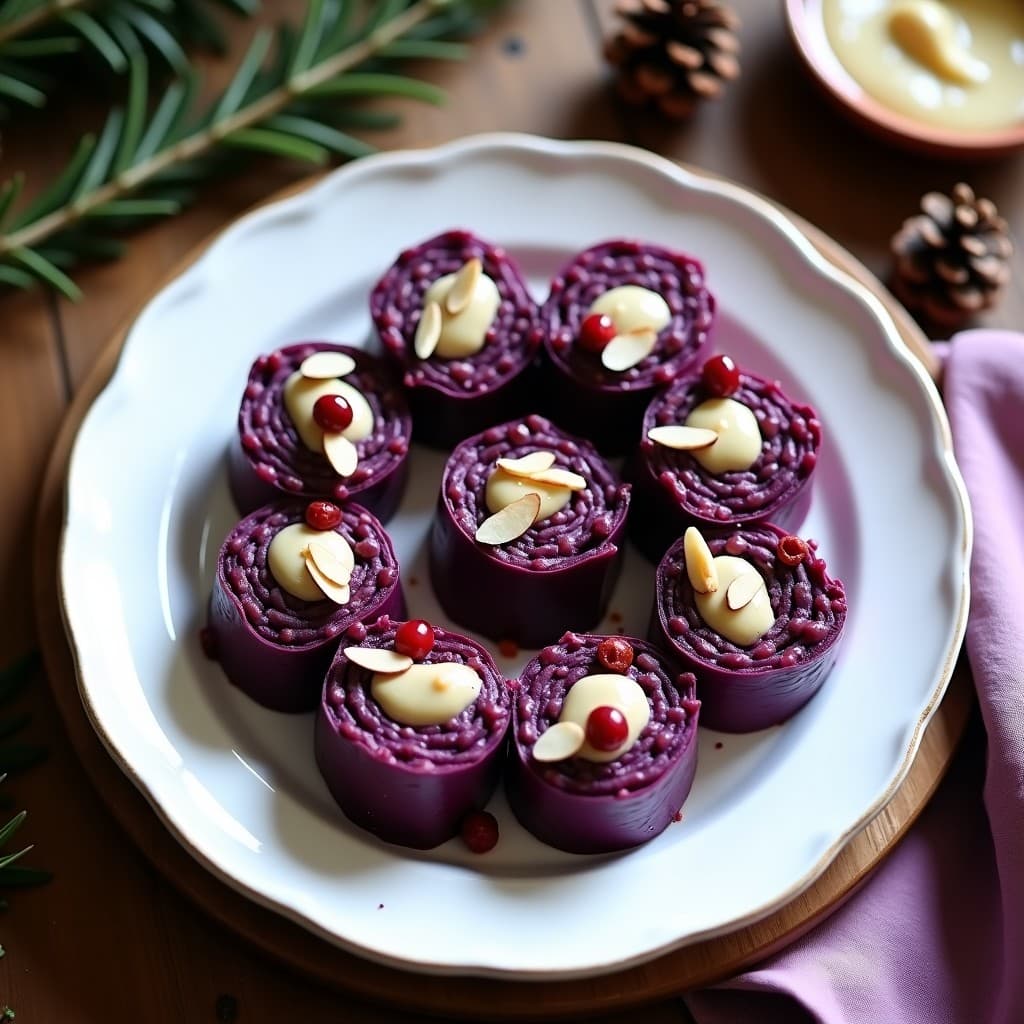 Plato blanco con rollitos de repollo morado rellenos de arroz salvaje y cranberries, decorados con salsa de tahini y almendras fileteadas, sobre fondo rústico de madera con elementos navideños.