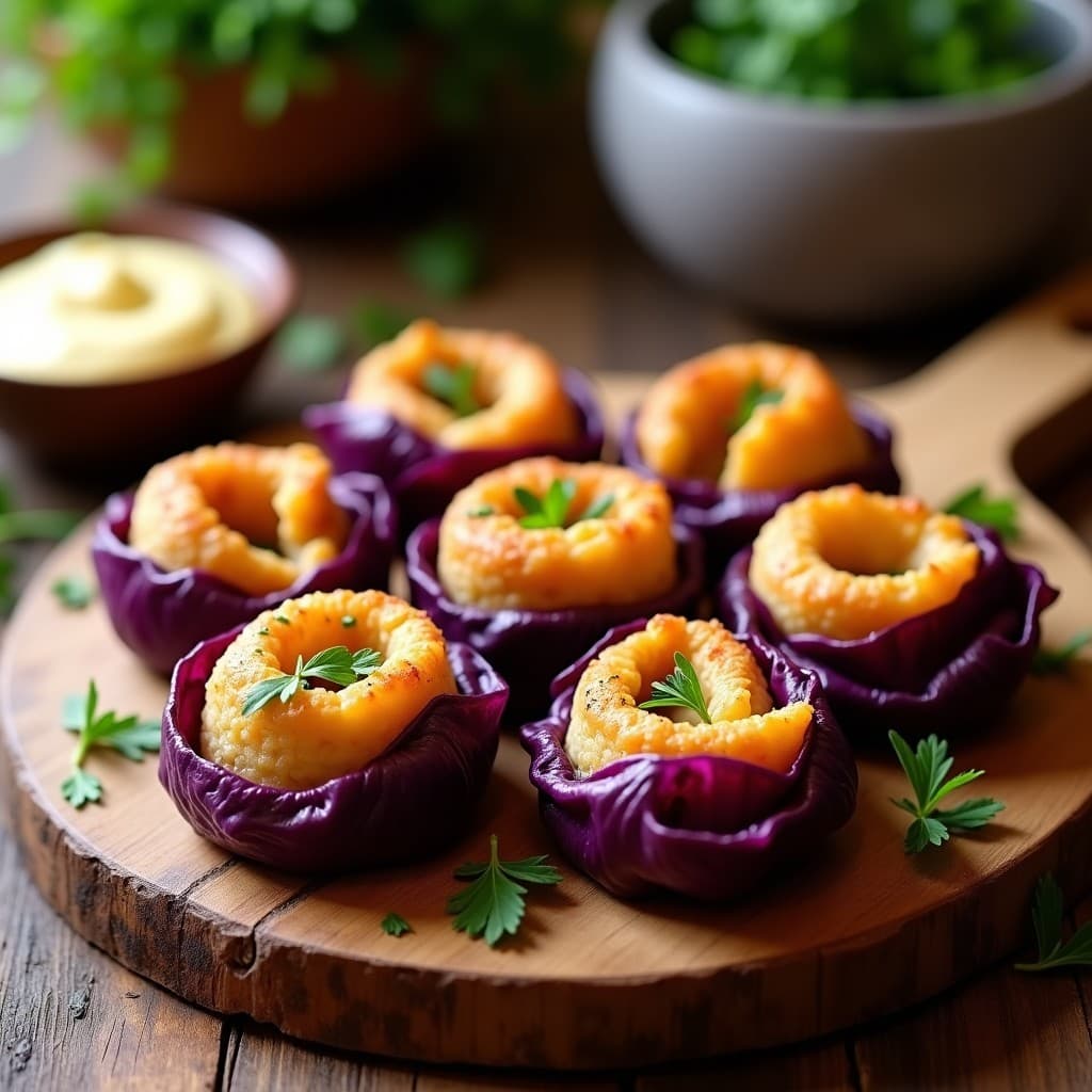 Rollitos dorados de repollo morado rellenos de filloas de garbanzos, dispuestos en una bandeja de madera rústica con perejil fresco. Receta gallega vegana en airfryer, crujiente por fuera y esponjosa por dentro.