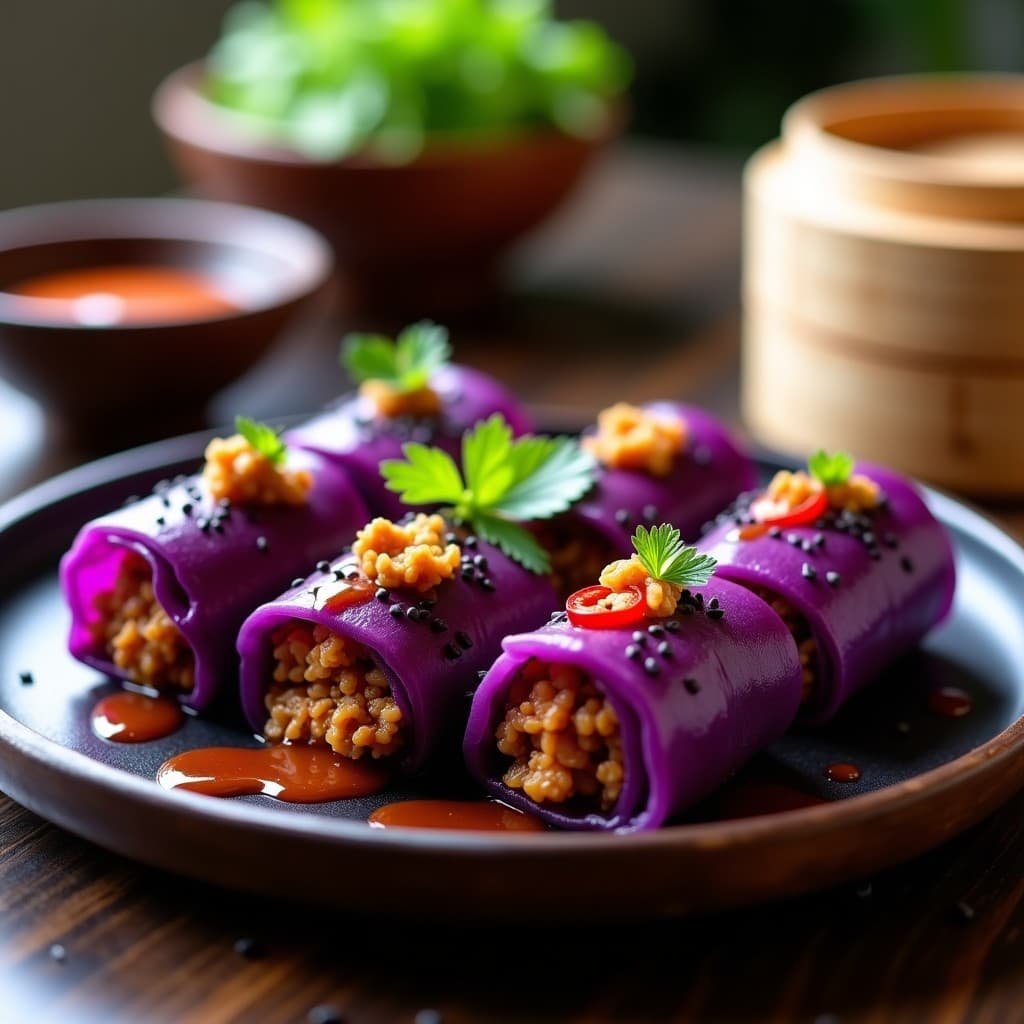 Rollitos de repollo morado rellenos de picadillo de tempeh y tamarindo, aperitivo tailandés vegano, servidos en plato de bambú con semillas de sésamo negro y salsa de tamarindo al lado.