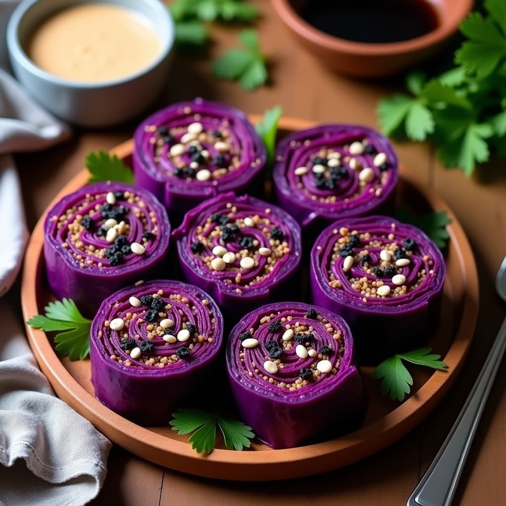 Rollitos de repollo morado rellenos de quinoa y champiñones con toque umami, dispuestos en bandeja de madera con semillas de sésamo negro y decoración de algas nori, receta crudivegana alta en proteína.