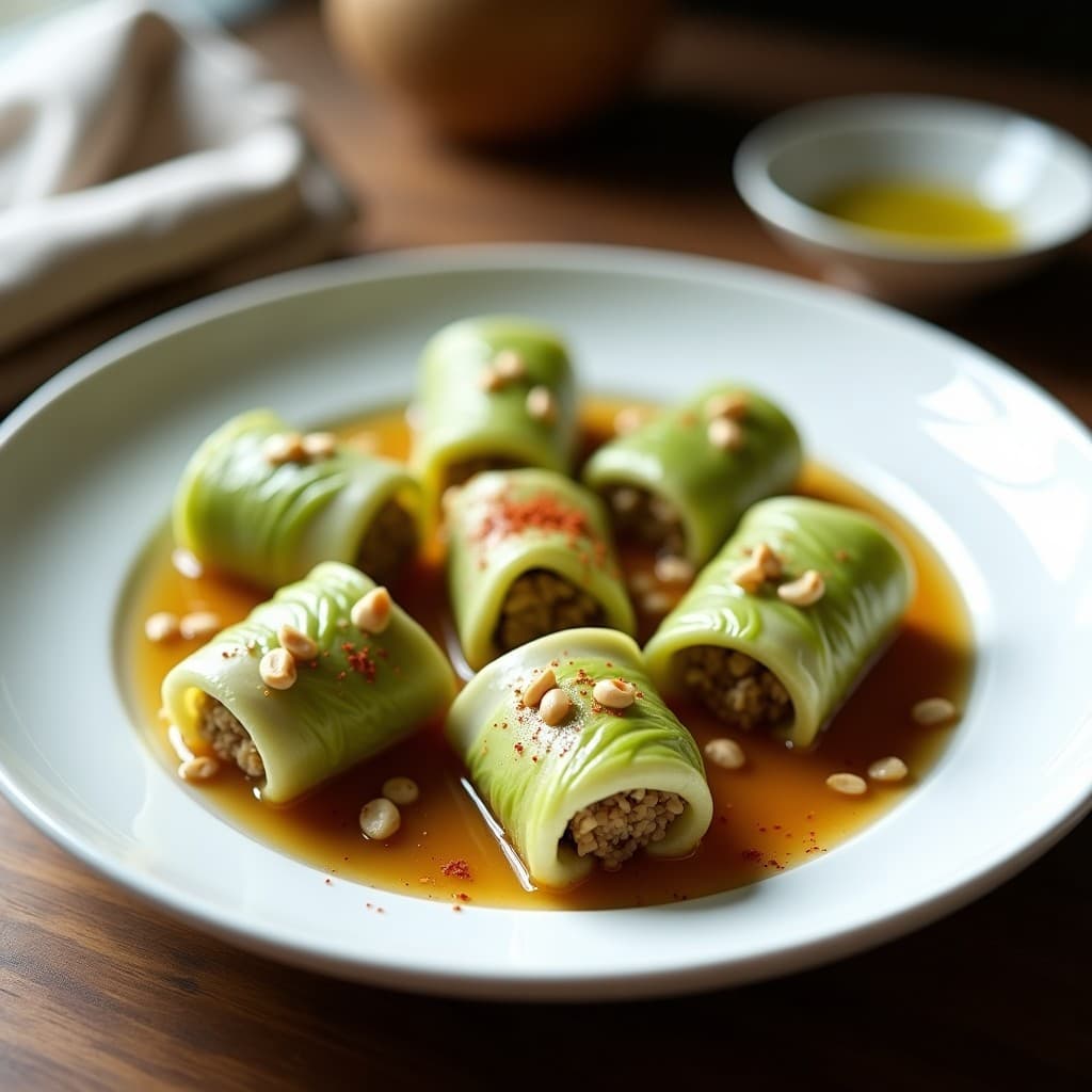 Plato blanco con rollitos de repollo rellenos de quinoa y pasas, decorados con piñones y hierbas frescas, receta árabe en olla express.