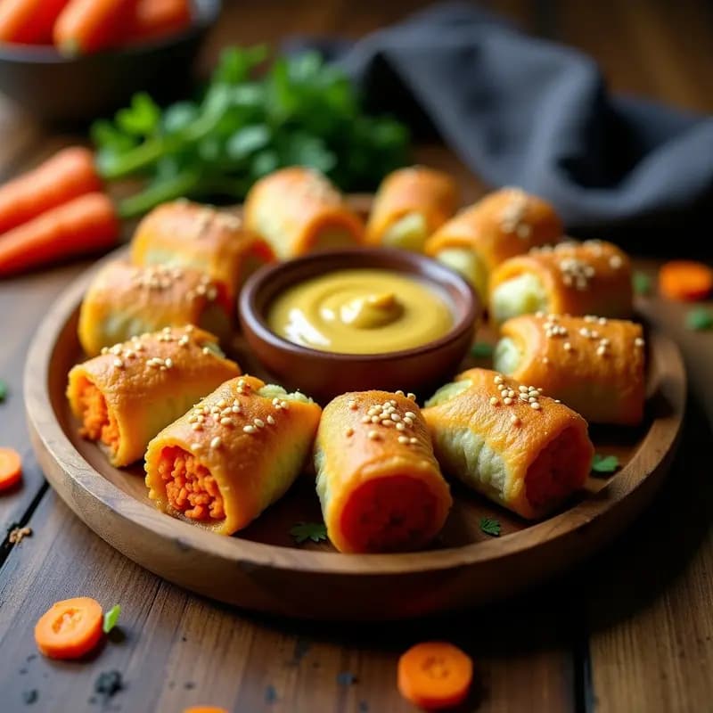 Rollitos de Springer veganos de repollo y zanahoria horneados, dorados y crujientes, servidos en una fuente de madera con salsa de mostaza y miel en un bol pequeño al lado. Decorados con semillas de sésamo y hojas de perejil fresco.