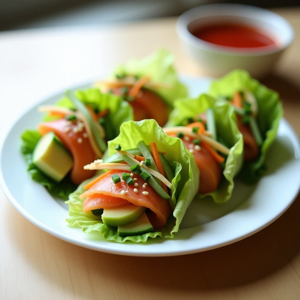 Rollitos de salmón ahumado y aguacate con salsa sriracha para tupper, presentados en un plato blanco con semillas de sésamo y cebollino, acompañados de un bol pequeño con salsa picante coreana. Receta fresca y lista para llevar.