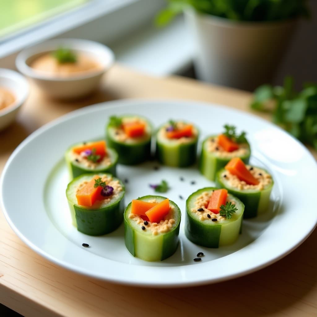 Rollitos de sushi crudiveganos de pepino y hummus servidos en un plato blanco, con láminas de pepino verde enrollando hummus cremoso, zanahoria naranja y pimiento rojo en juliana, decorados con semillas de sésamo y alga nori. Receta saludable y baja en calorías.