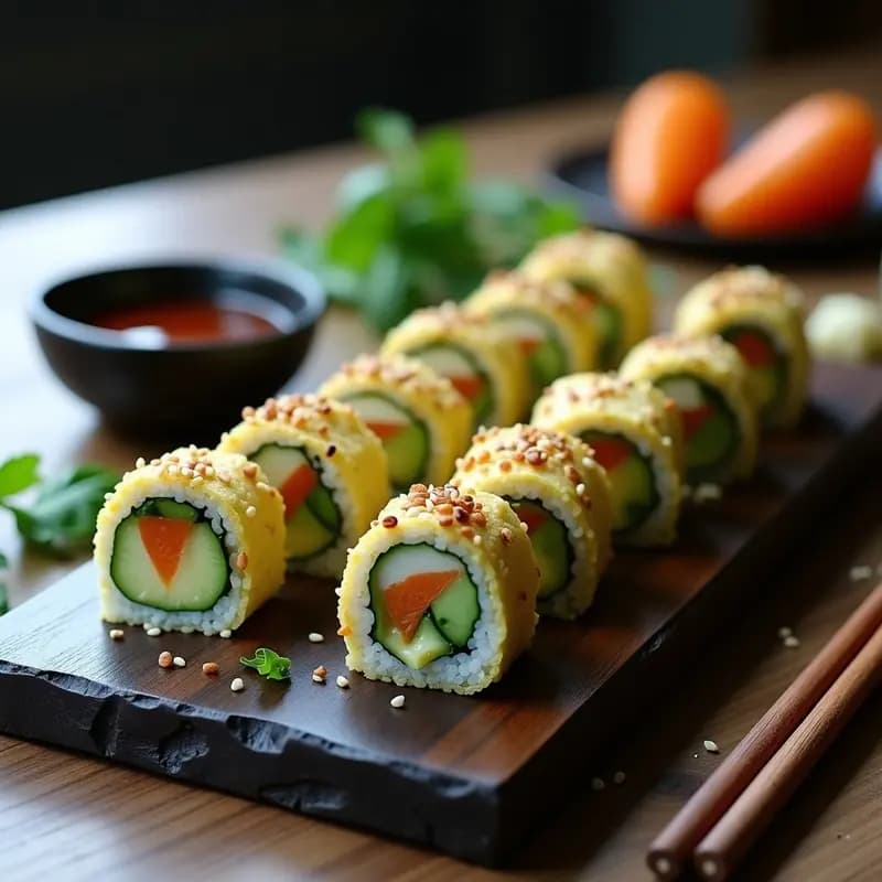 Rollitos de sushi veganos cortados en porciones, con capas visibles de pepino, aguacate y queso Philadelphia, servidos en un plato negro con vinagreta de jengibre y semillas de sésamo espolvoreadas.