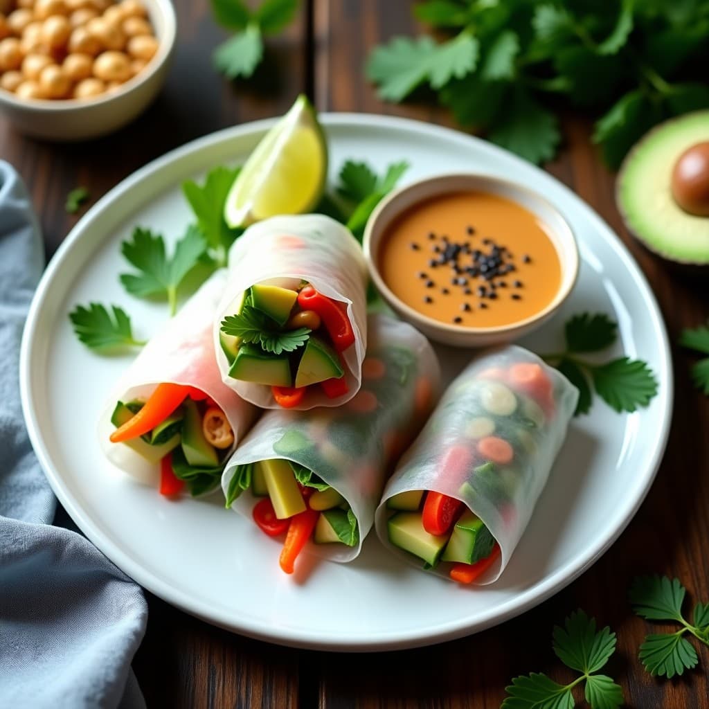 Rollitos de verduras frescas envueltas en papel de arroz transparente, servidos en una bandeja de madera con salsa de cacahuete y limón en un bol pequeño. Decorados con semillas de sésamo y hojas de cilantro, receta tailandesa vegana sin cocinar.