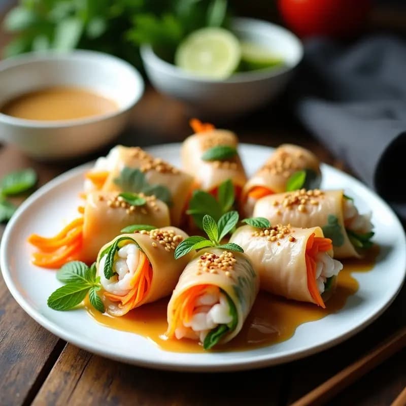 Plato blanco con rollitos de Vietnam cortados por la mitad, mostrando gambas rosadas, vermicelli de arroz, zanahoria y pepino en su interior, acompañados de salsa de cacahuete y lima espesa con semillas de sésamo. Fondos verdes de hierbas frescas y limas en rodajas.