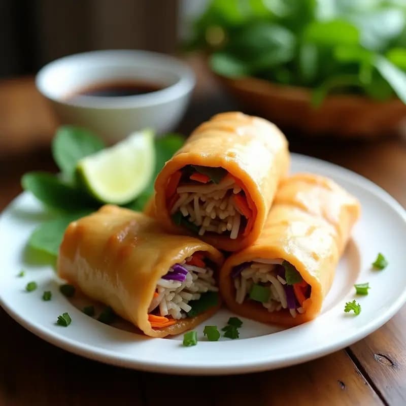 Rollitos vietnamitas de cerdo y vermicelli dorados y crujientes, cortados por la mitad para mostrar el relleno de cerdo marinado, fideos de arroz, zanahoria morada y hierbas frescas, servidos sobre un plato blanco con salsa hoisin y rodajas de limón.