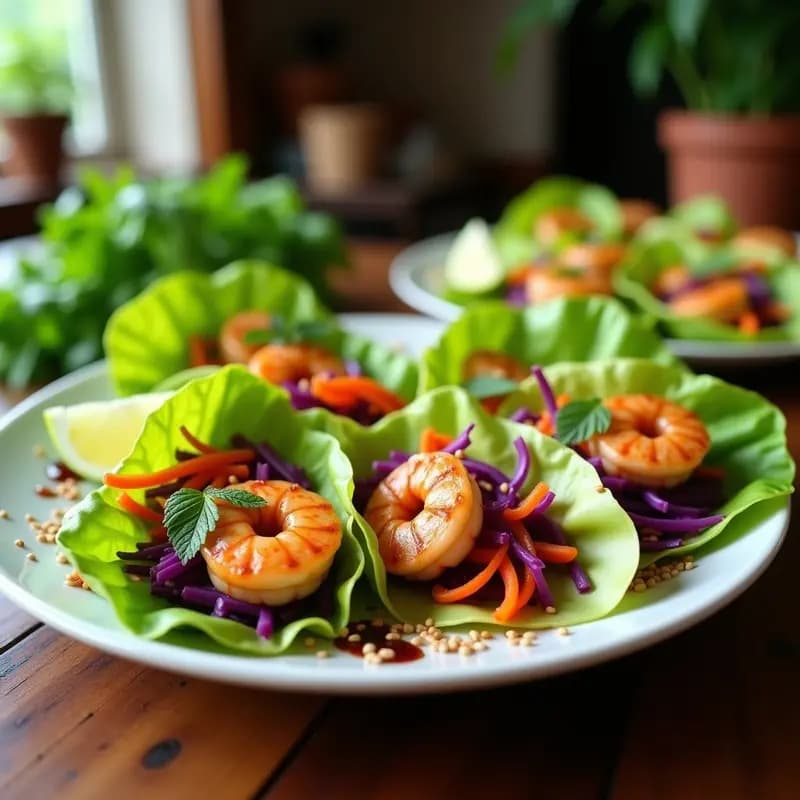 Rollitos vietnamitas de hojas de lechuga romana fresca rellenos de langostinos salteados, zanahoria, pimiento rojo y hierbas, acompañados de salsa hoisin espesa y semillas de sésamo. Plato colorido y apetitoso con texturas crujientes.